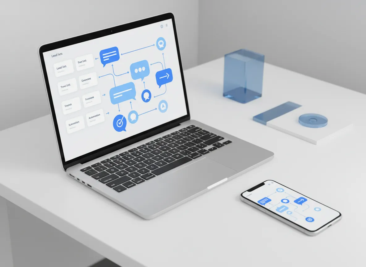 Dashboard mockup showing leads and automation