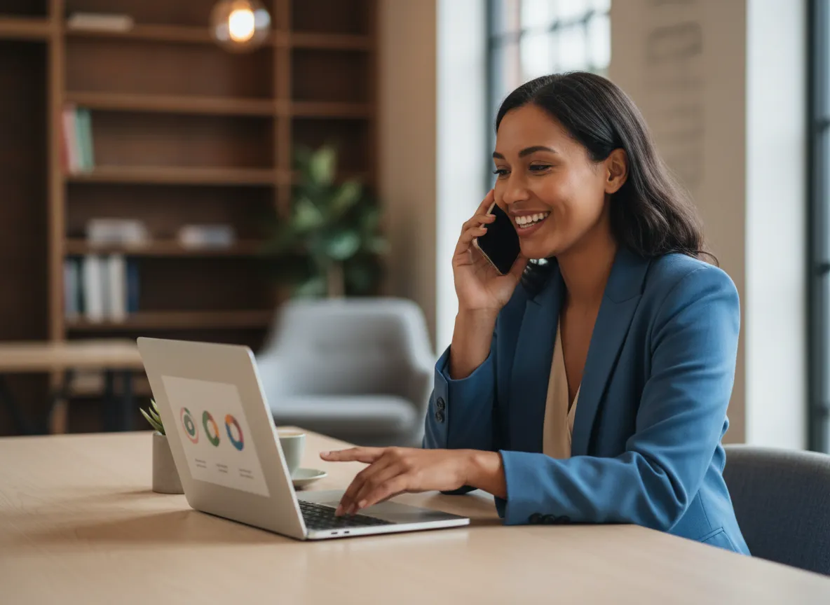 Small business owner using laptop and phone