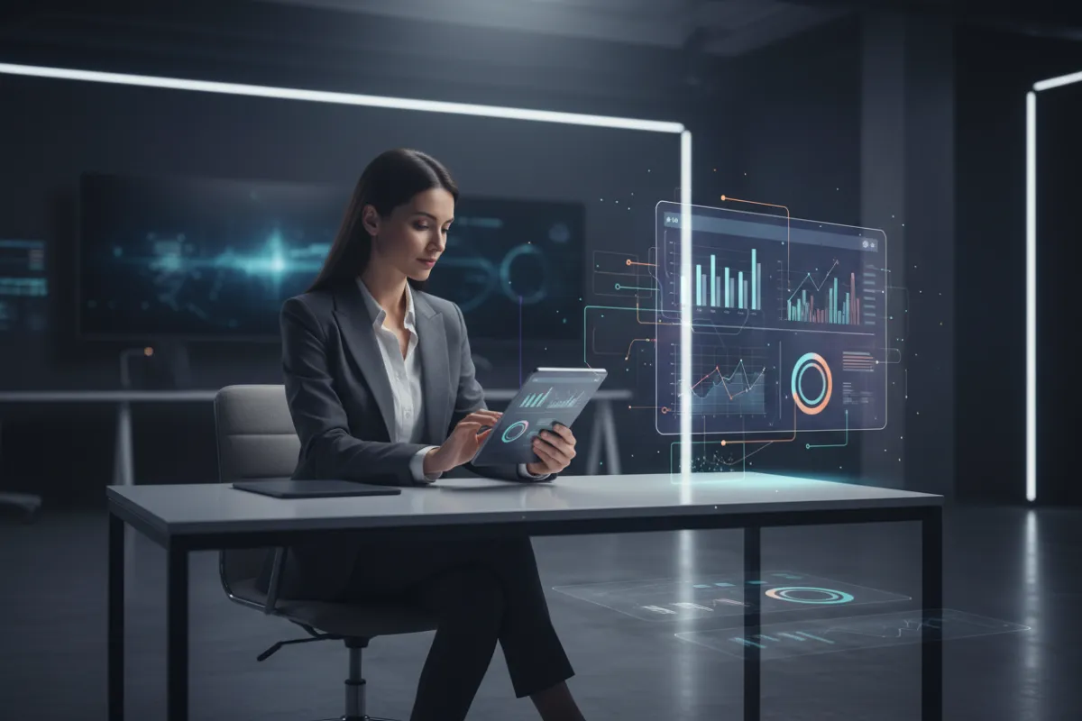 Small business owner reviewing automated AI reports on a tablet with an abstract dashboard overlay.