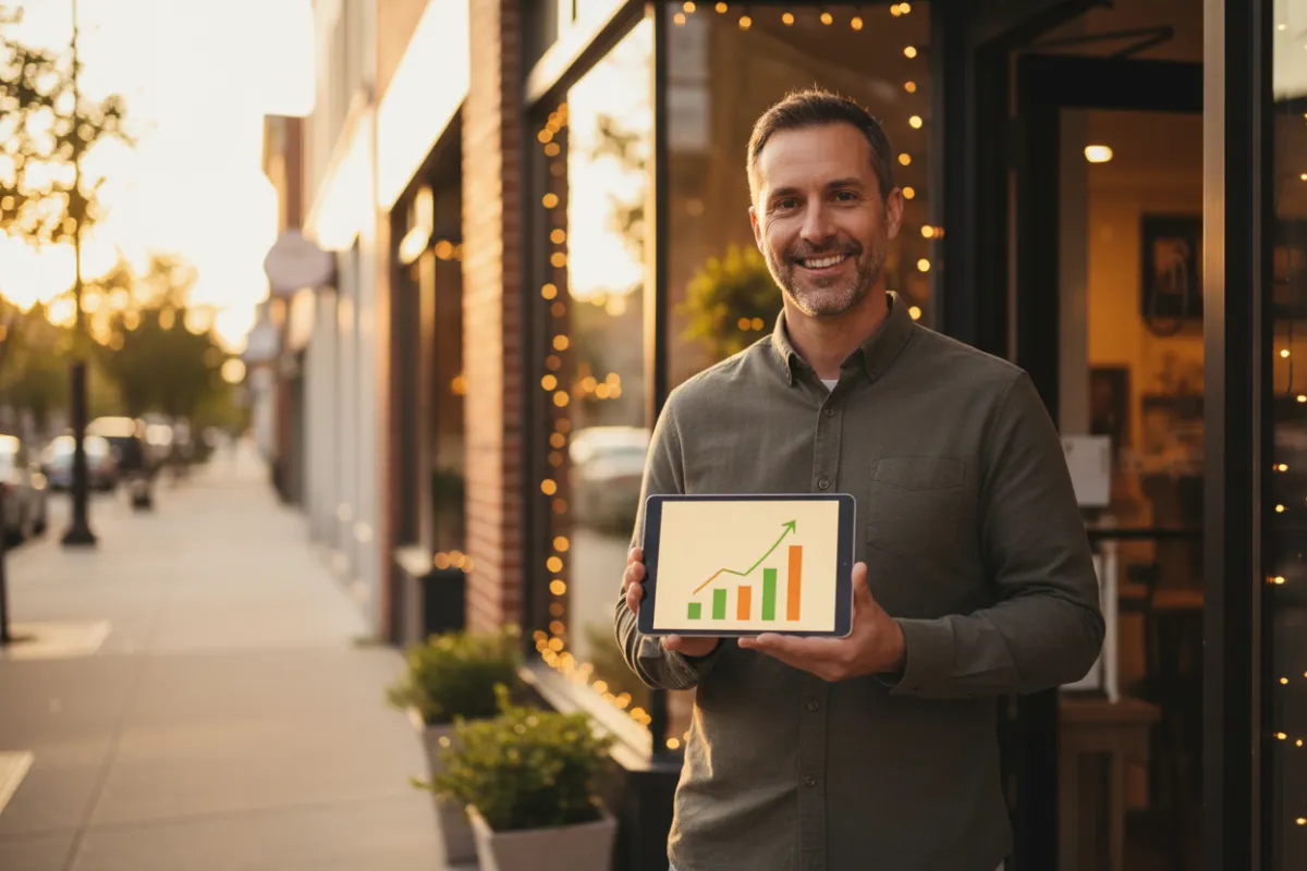 Local shop owner smiling at a tablet showing rising revenue charts.