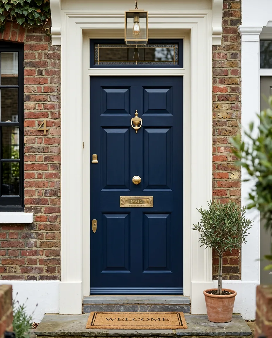 Architectural photograph of a luxury craftsman entry door installation with brushed brass hardware