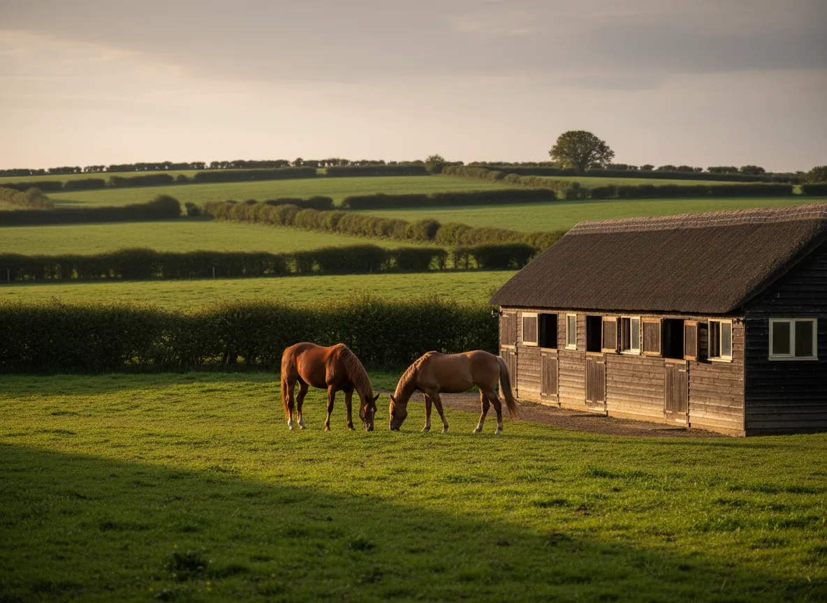 Calm countryside scene with healthy horses in a paddock near traditional stables
