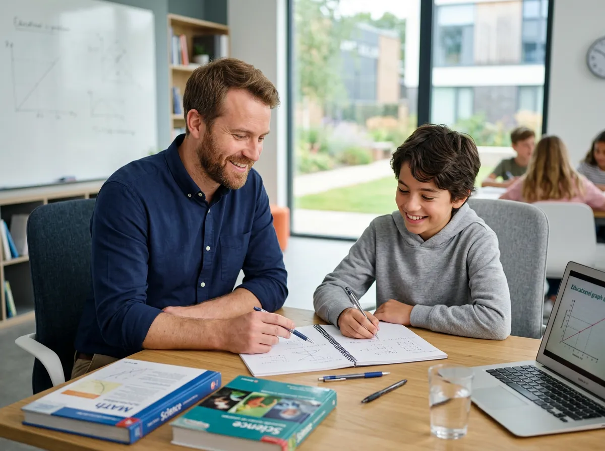 Male tutor helping a young male student at a desk, both smiling