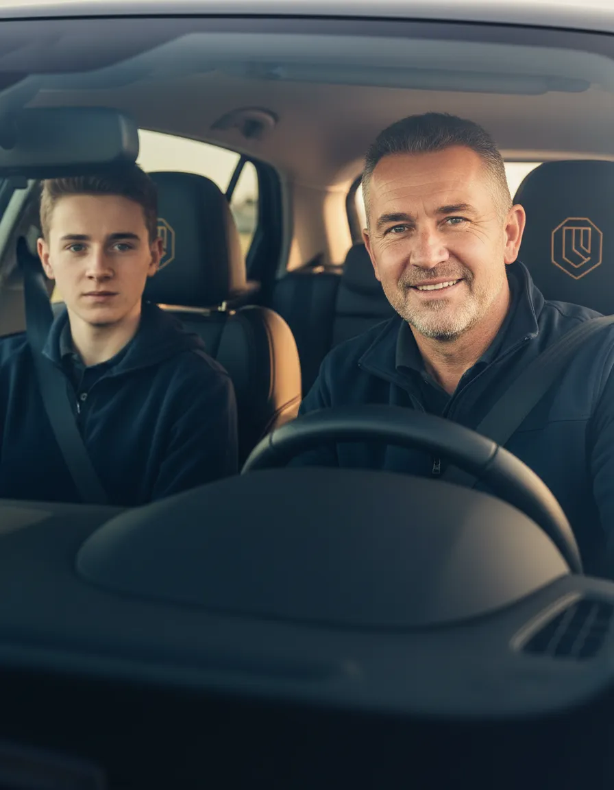 Driving instructor and learner inside a modern tuition vehicle