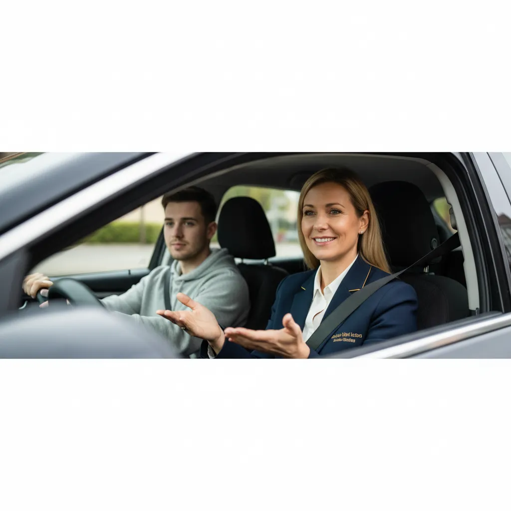 Professional instructor with learner in a modern car