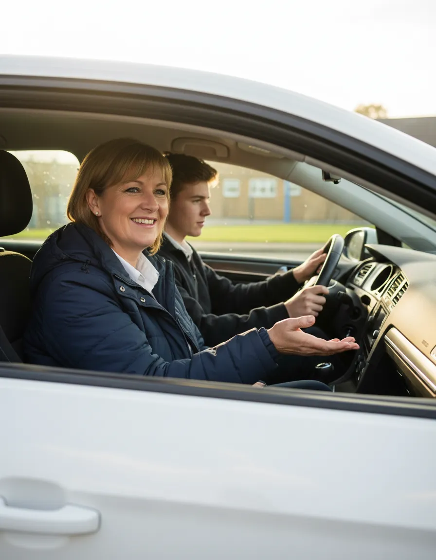 Professional driving instructor in car with learner driver