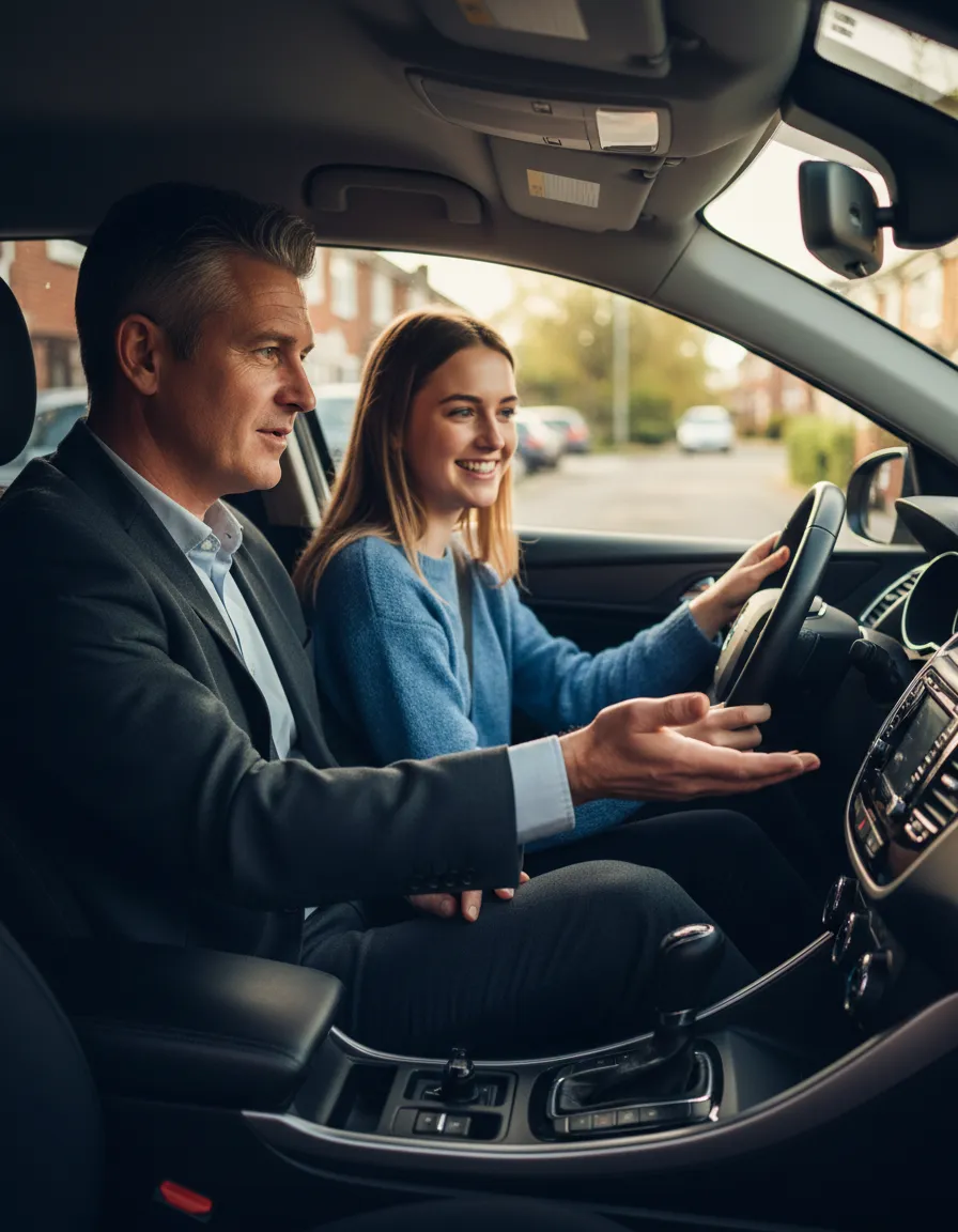 Professional driving instructor and learner in UK setting