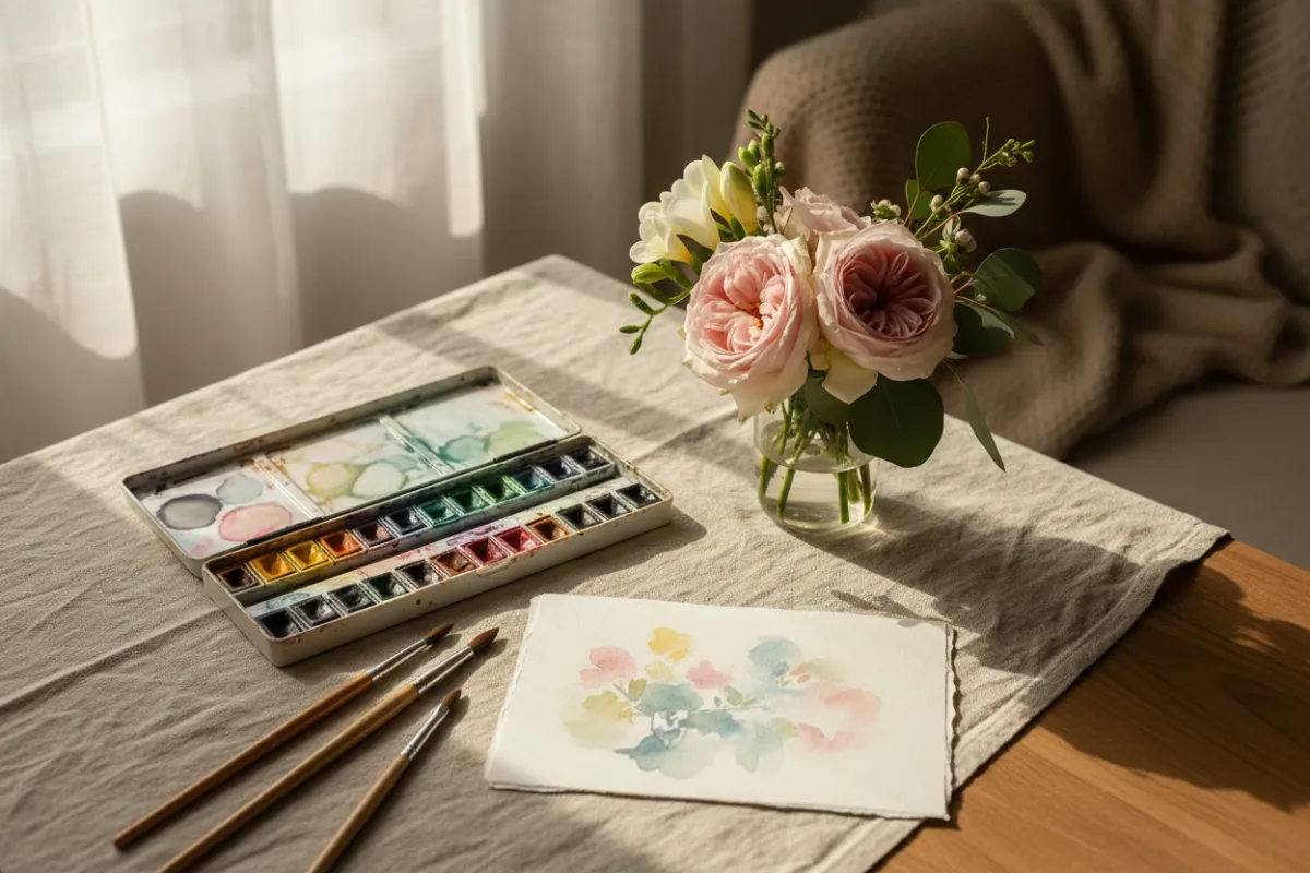 A tabletop scene with watercolor paints, brushes, a handmade card, and fresh flowers. The arrangement is bright and inviting, suggesting creative activity and gentle remembrance. The setting is cozy, with soft natural light and a sense of peaceful focus.