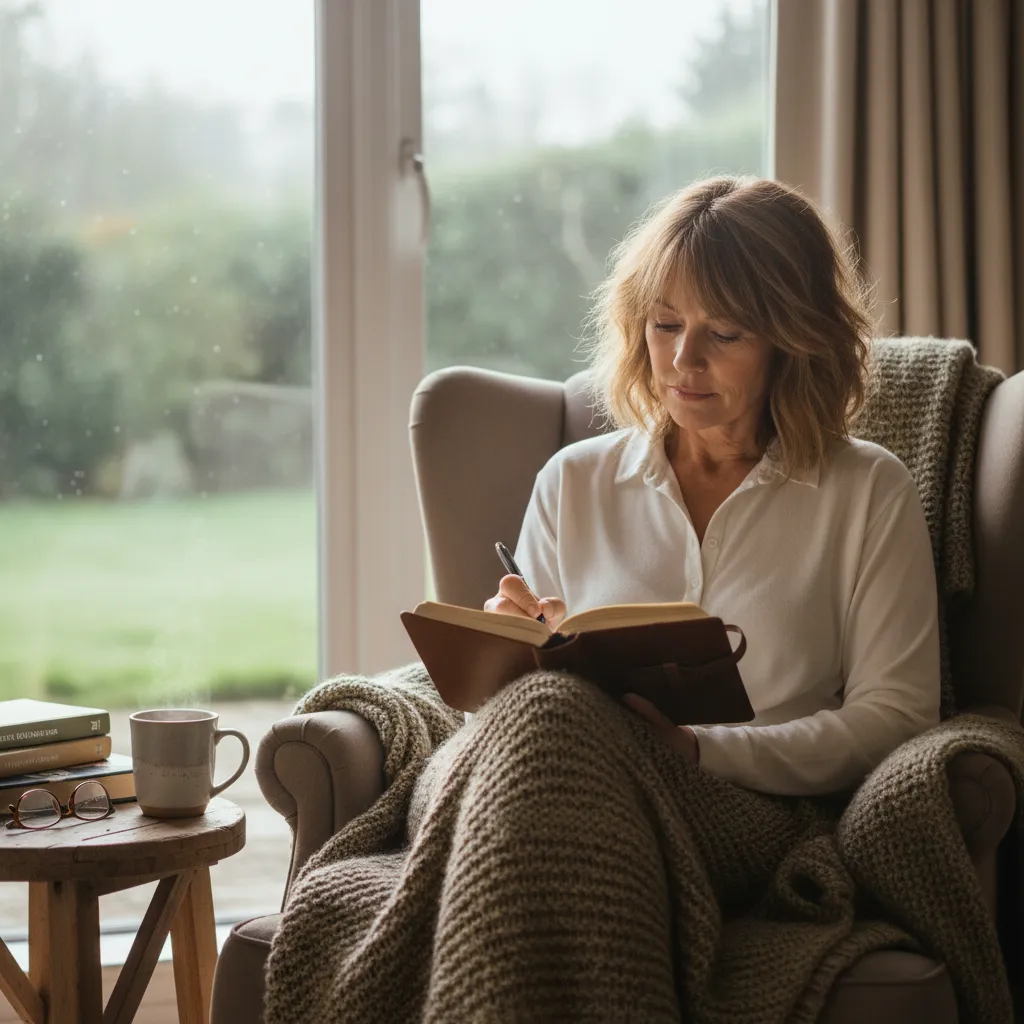 A middle-aged woman with short hair, sitting by a window with soft daylight, writing in a journal. She appears thoughtful and calm, surrounded by cozy blankets and a mug of tea. The scene radiates introspection and gentle self-care.