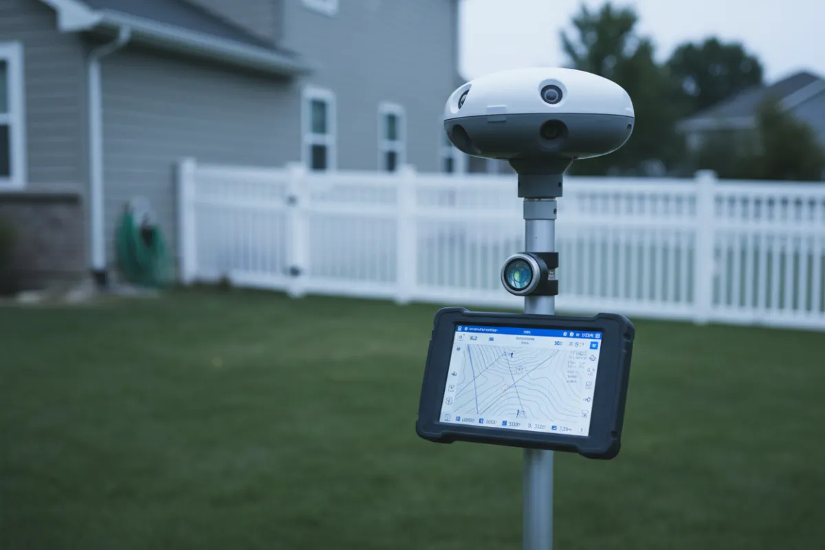 GNSS rover taking precise land survey measurements on a suburban property.