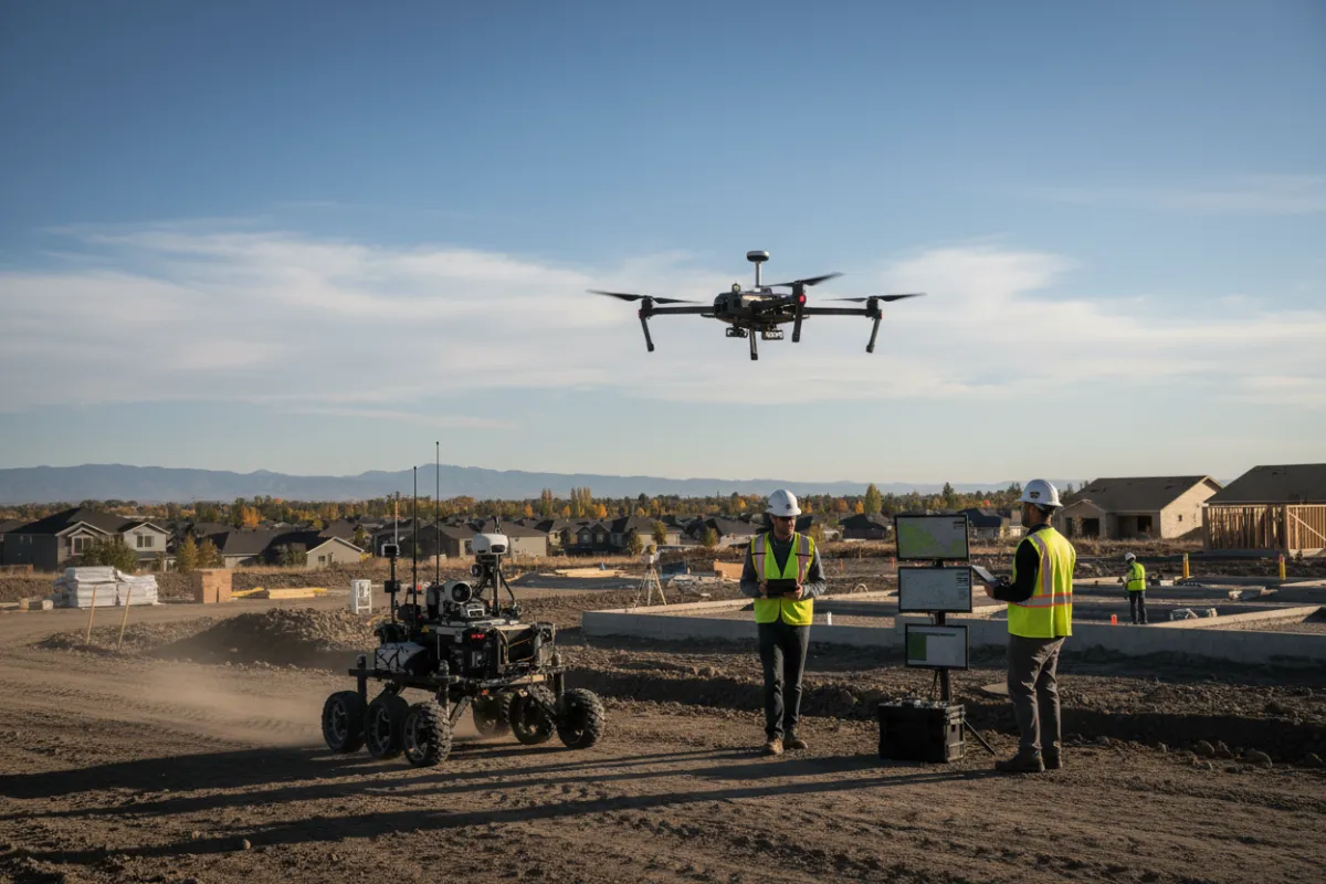 Survey crew using rover and drone on a suburban development site