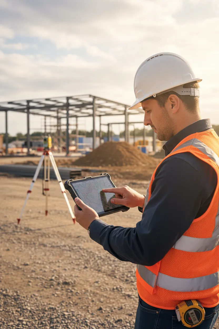 Surveyor reviewing maps on a tablet at a construction site.