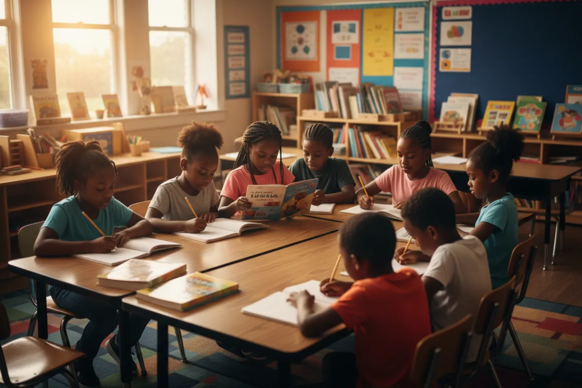 A child focused intensely on a reading and STEM task in a structured learning environment