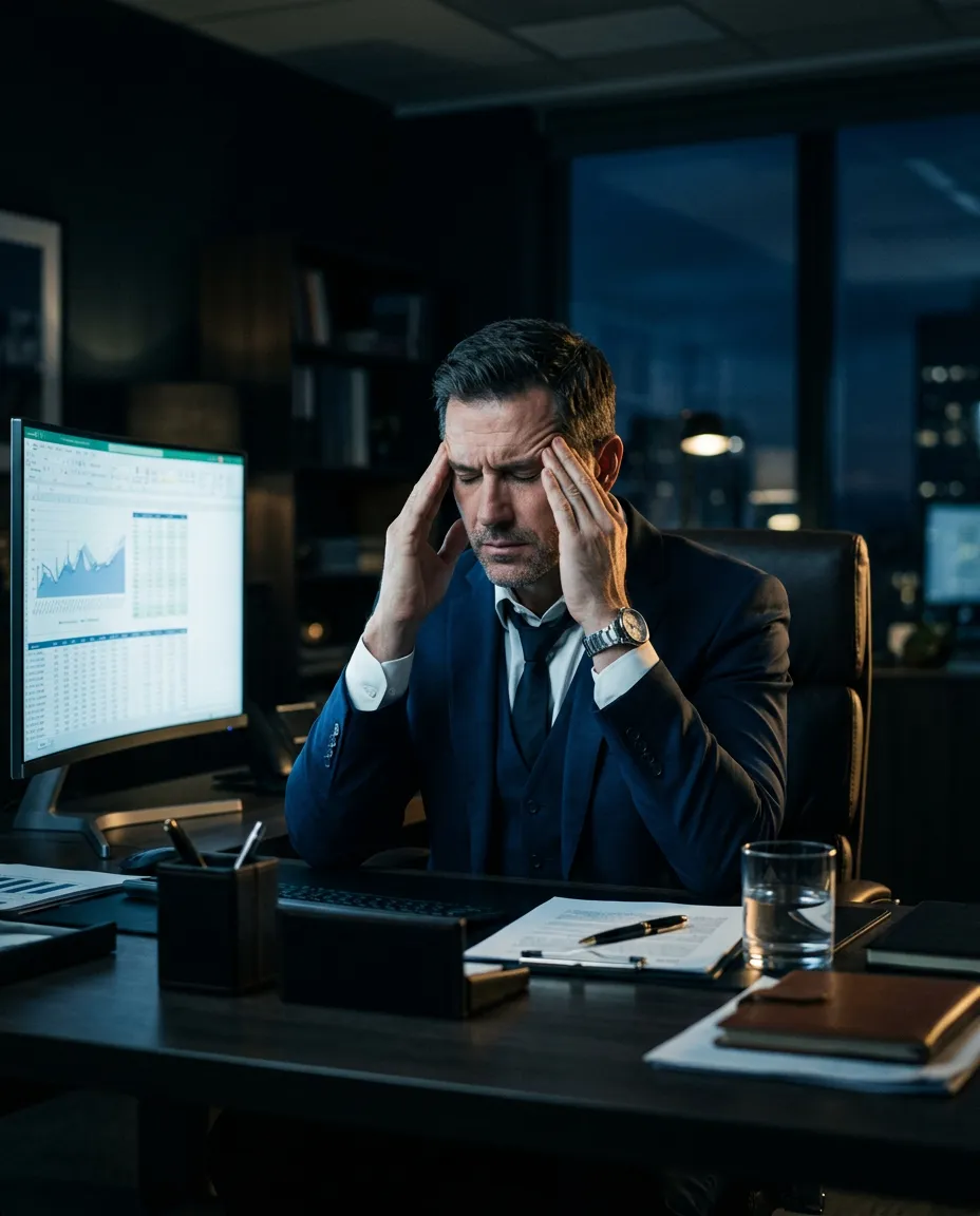 Overwhelmed executive reviewing late-night manual marketing reports in dim office light