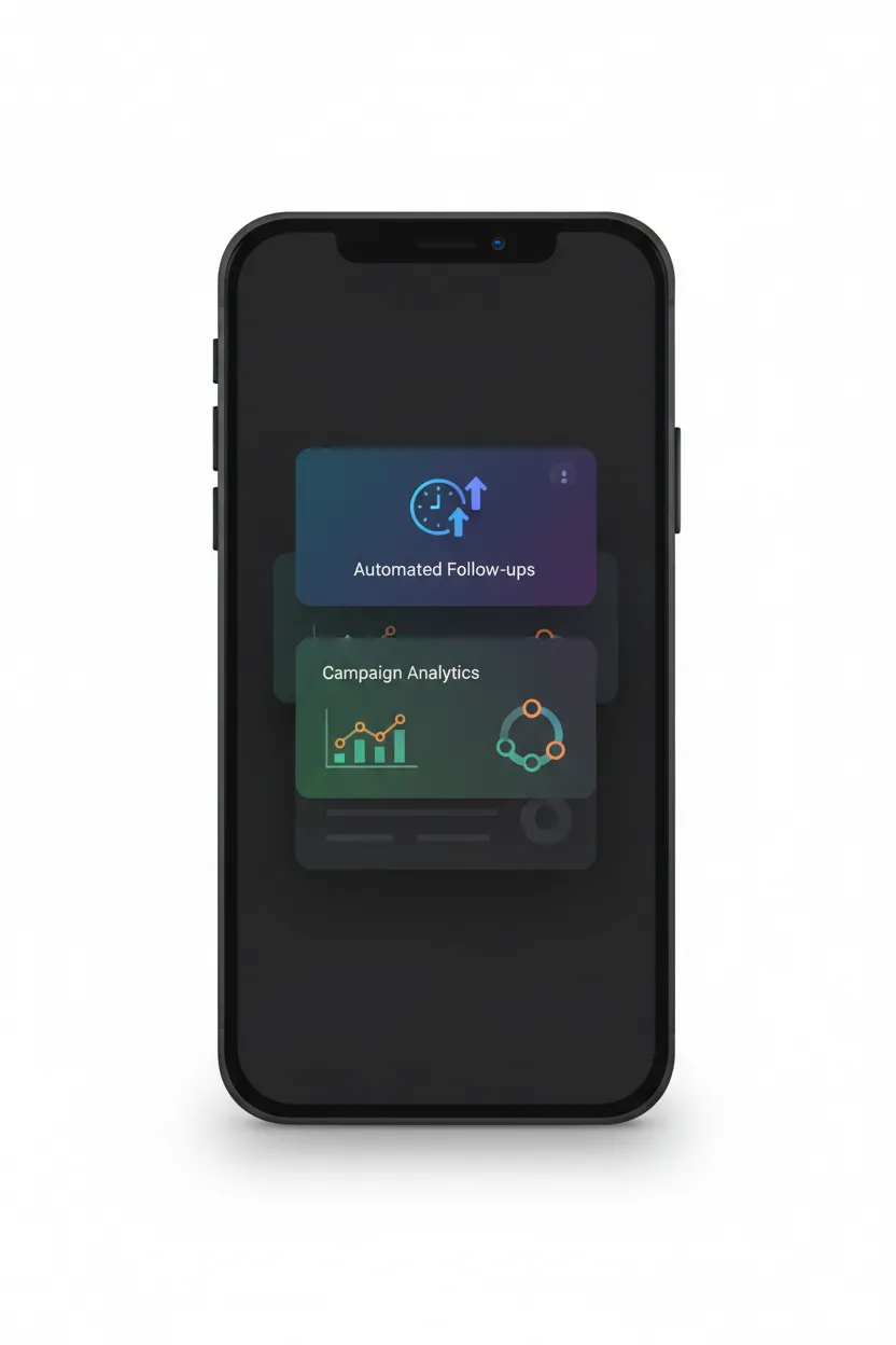 Portrait mockup of a notifications stack on a phone showing automated follow-up messages and campaign analytics; clean mockup on white background for feature visualization.