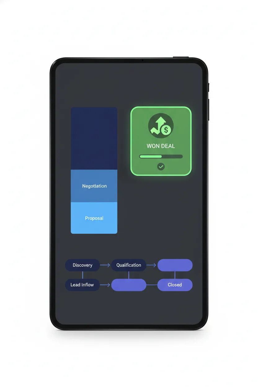 Tall portrait of a sales dashboard showing pipeline stages and a won deal highlight; clean isolated device mockup on white background to emphasize closing workflows.
