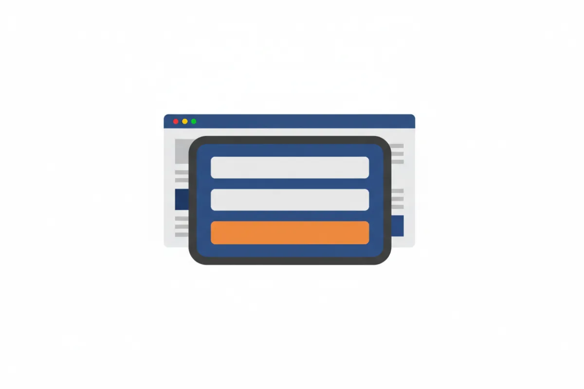 Landscape product illustration of a lead capture modal floating above a web page—isolated object on white background, flat colors, clear CTA button visible, designed for feature demonstration.