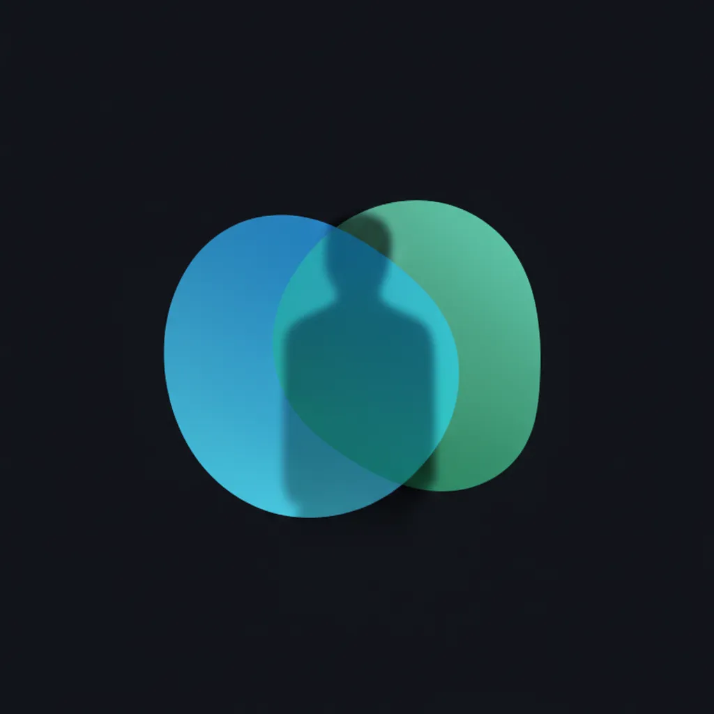 Decorative circular brand graphic: overlapping soft blue and green circles used behind the figure to create depth; isolated object intended as background decoration.