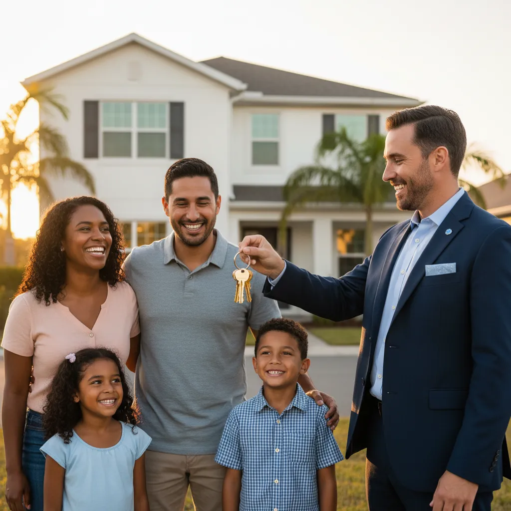 Happy family receiving house keys from a Tampa real estate agent
