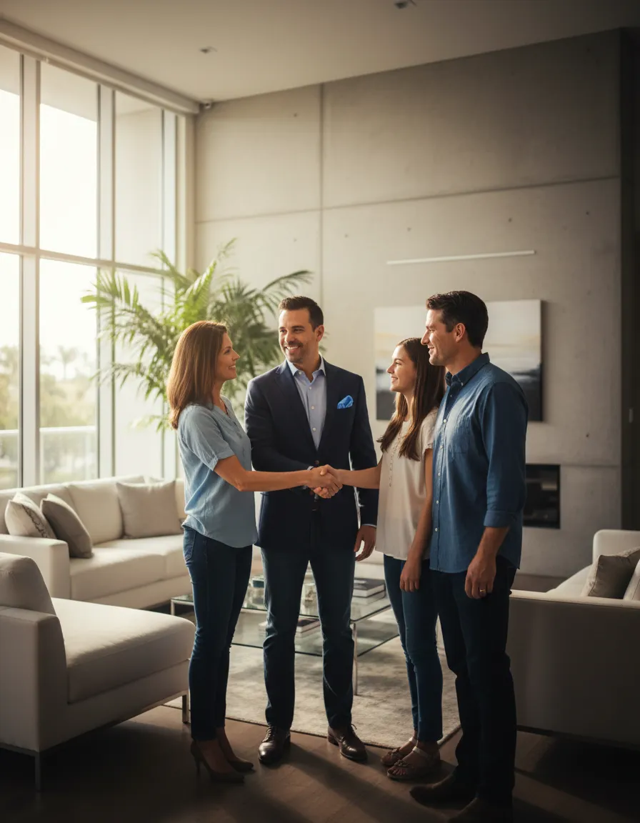 Real estate agent warmly shaking hands with a family in front of a Tampa home