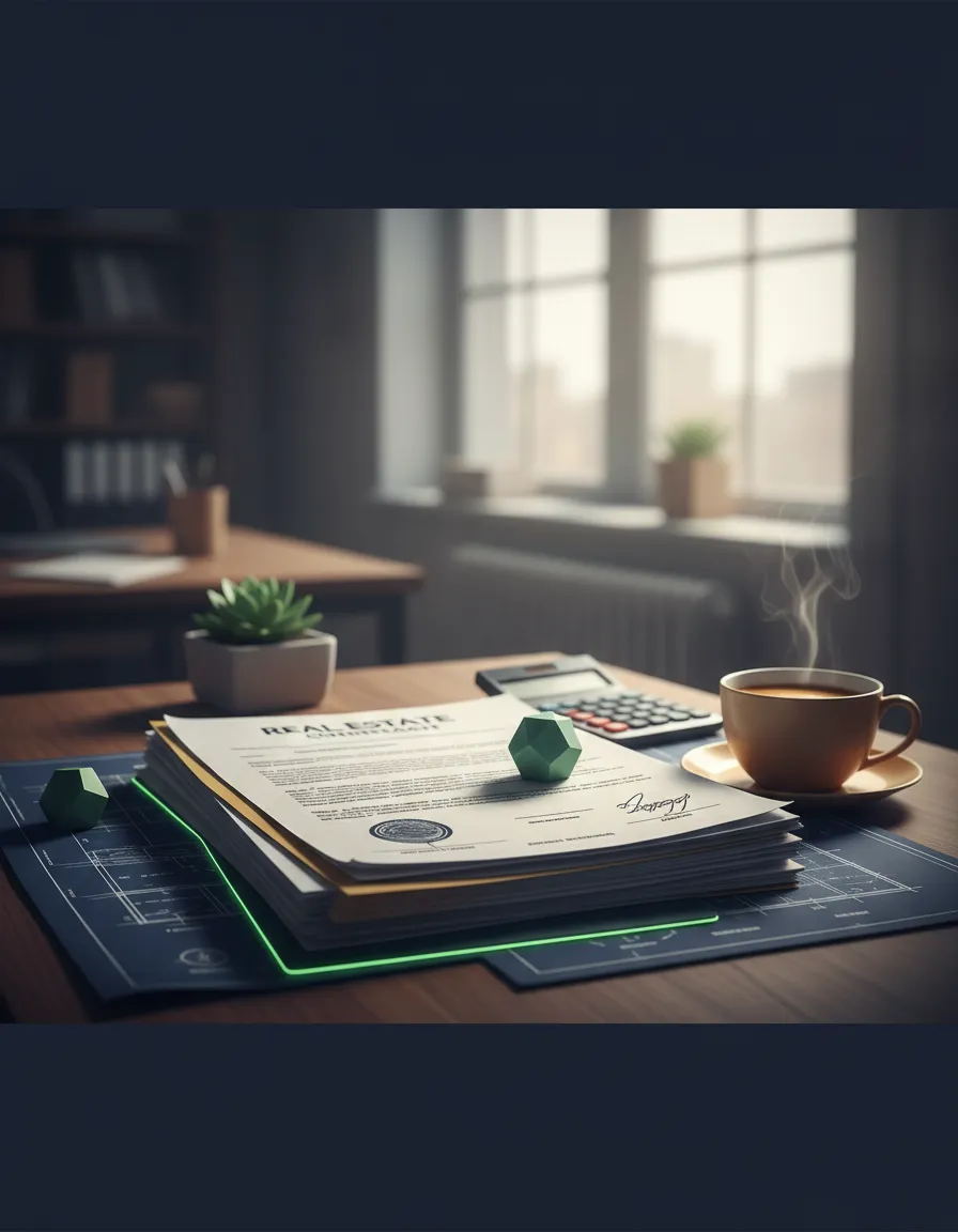 Professional real estate documents and blueprints on a clean desk