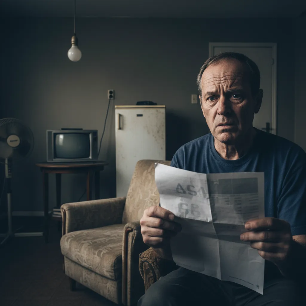 A close-up of a worried middle-aged man holding a high energy bill, sitting in a modest living room with visible old appliances and dim lighting. The scene highlights financial concern and the need for cost-saving solutions.