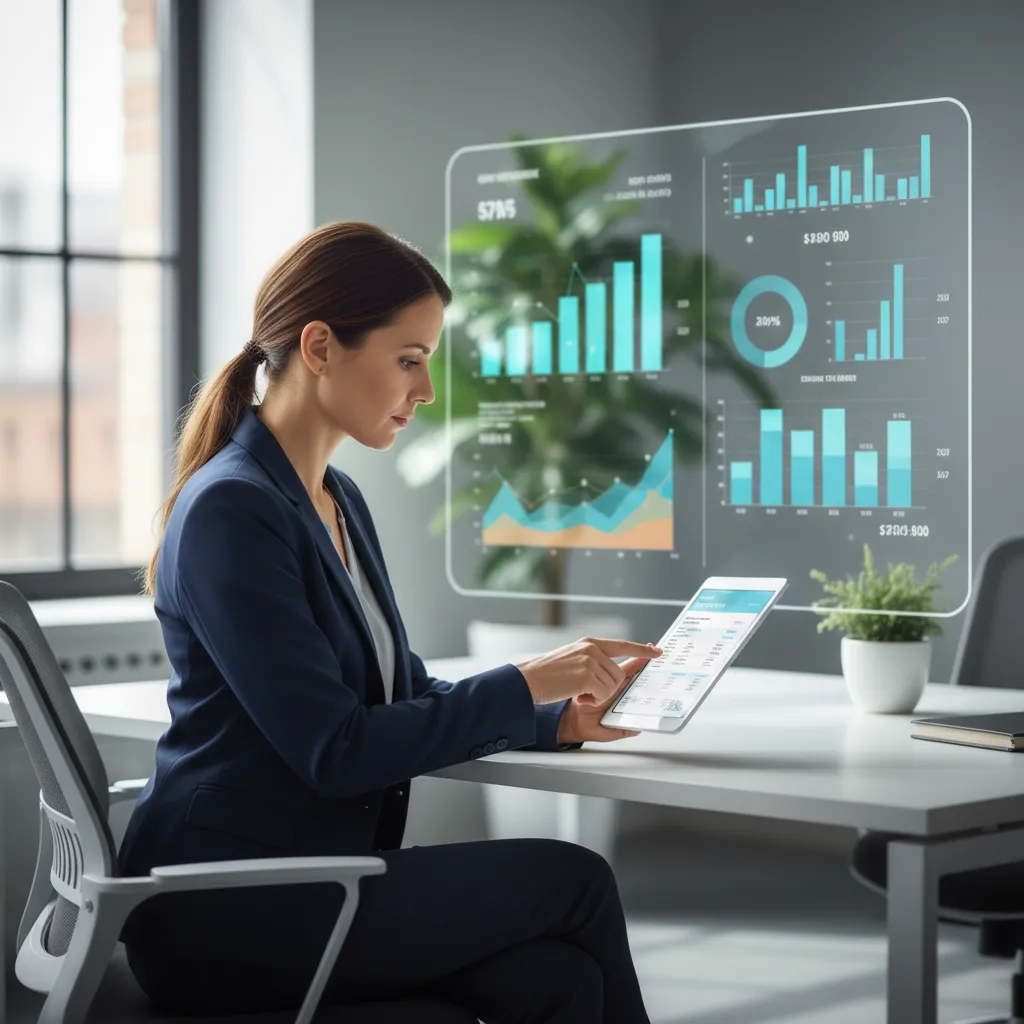 A professional energy consultant, a woman in her 30s, reviews a client's utility bill using a tablet in a modern office. Charts and graphs are visible on a screen behind her, suggesting data-driven analysis and expertise.