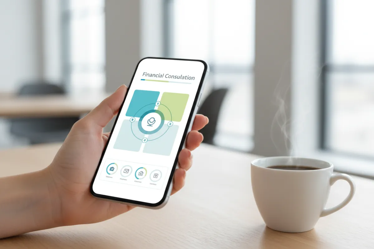 A close-up of a hand holding a smartphone displaying a financial consultation booking confirmation, with a blurred office background and a cup of coffee nearby. The image is bright, modern, and inviting, emphasizing accessibility. 3:2 aspect ratio.
