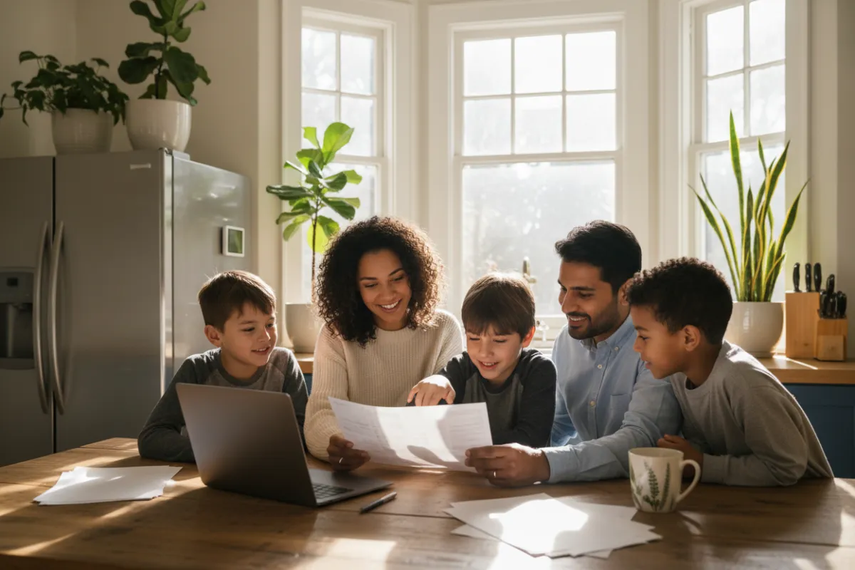 A diverse family reviews their energy bill together at a kitchen table, sunlight streaming through modern windows, with a laptop and paperwork, all appearing optimistic and engaged. The background features energy-efficient appliances and plants, emphasizing a comfortable, eco-friendly home environment.
