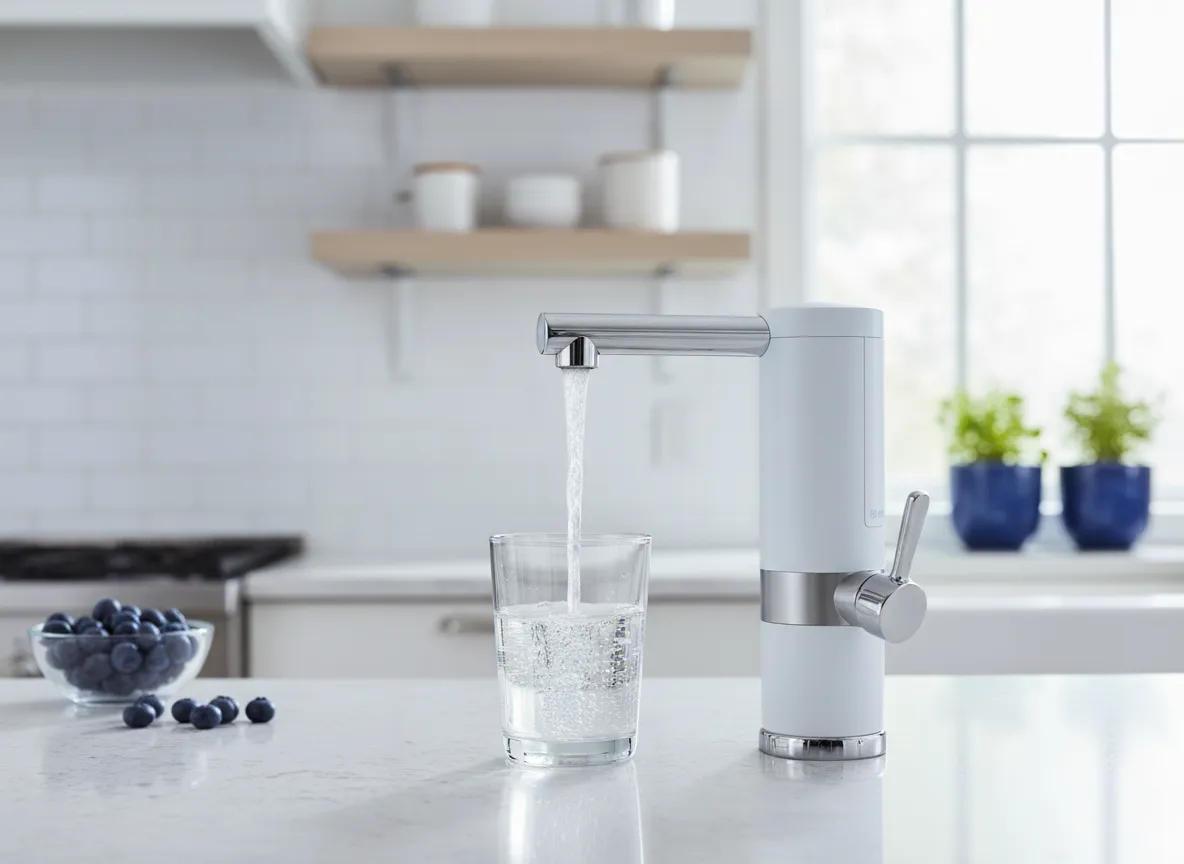 Modern water filter attached to a kitchen faucet with clear glass of water