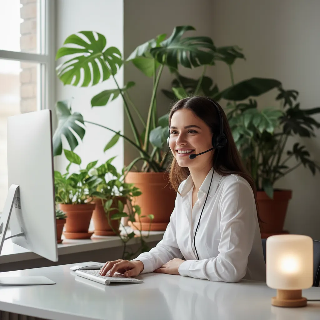 A young customer service representative with a headset smiles warmly at a desk, surrounded by green plants and natural light. The workspace is modern and inviting, conveying approachability and readiness to assist.