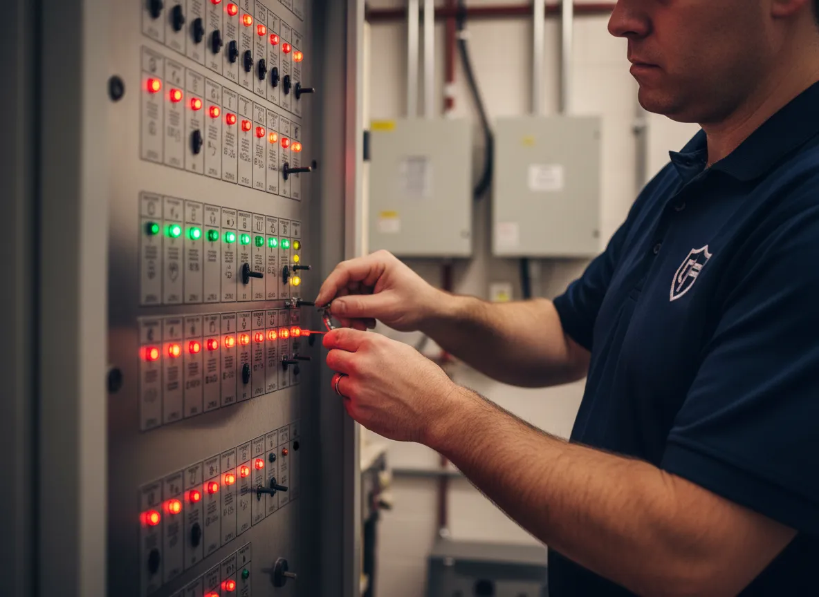 Technician configuring commercial alarm panel