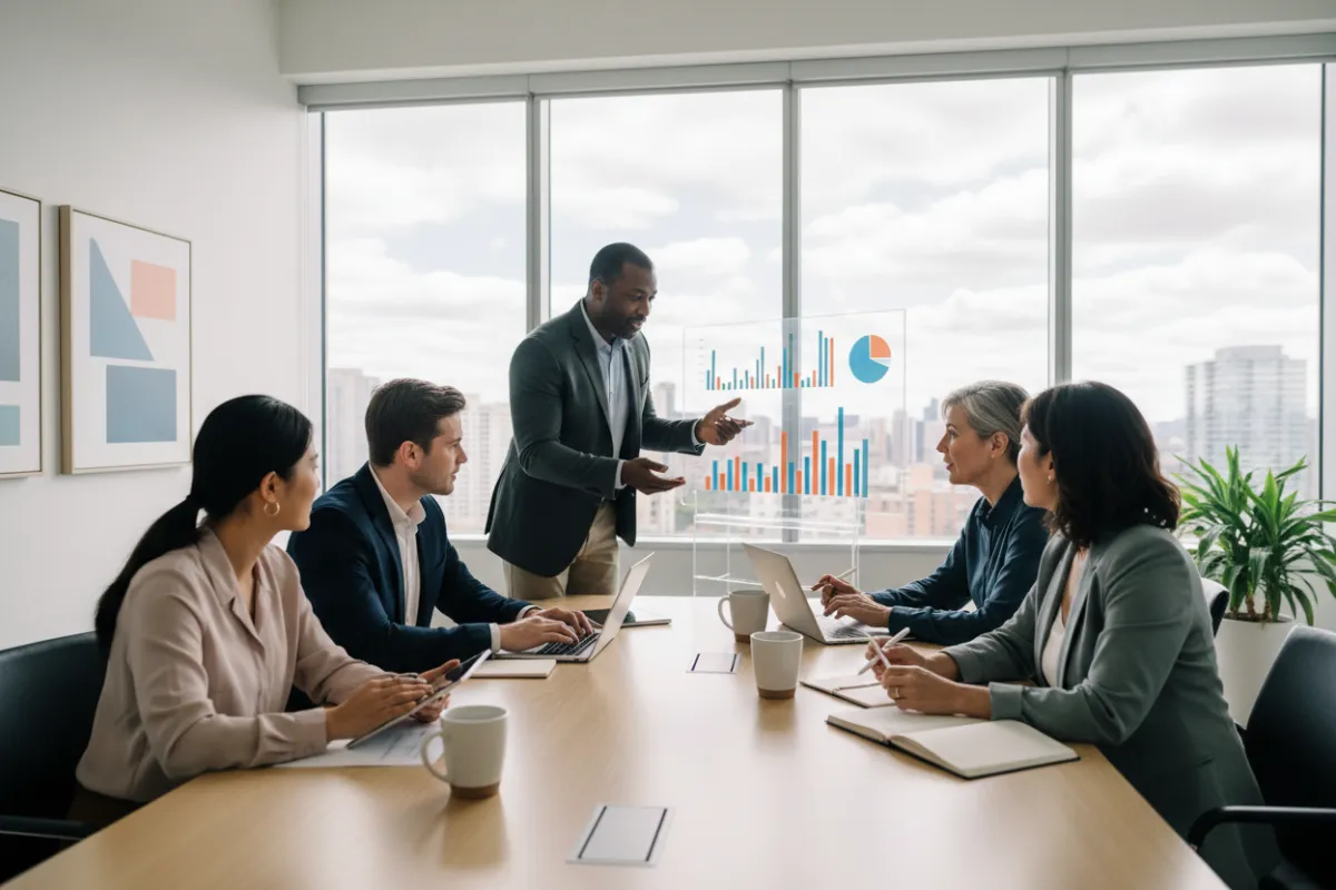 A diverse team of marketing professionals collaborating around a table with digital devices, charts, and coffee mugs in a bright, modern office. The group includes men and women of various ages and ethnicities, all focused and engaged in discussion. The background features large windows and creative decor.