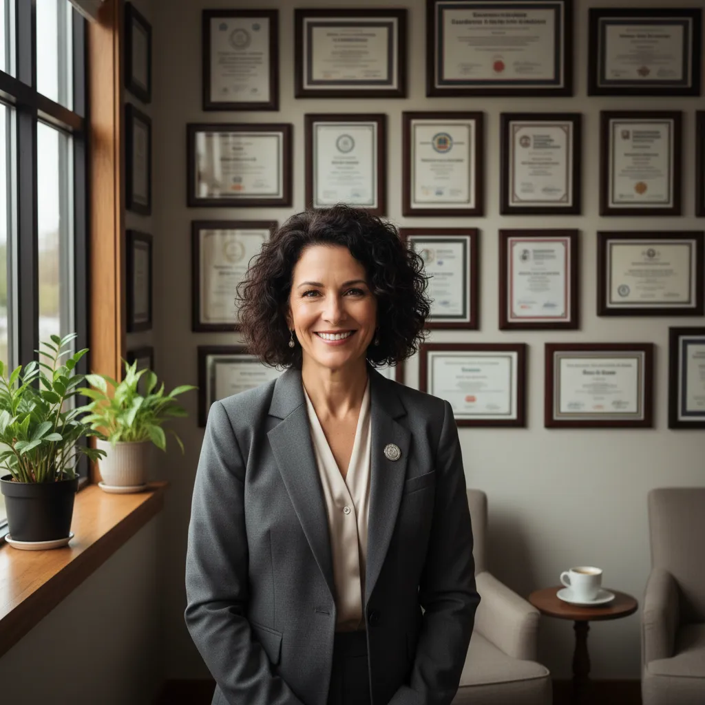 Portrait of the agency founder, a middle-aged woman with short curly hair, wearing a smart blazer and smiling confidently. She stands in front of a wall with framed marketing awards and certificates, conveying trust and expertise. The setting is a cozy, well-lit office.