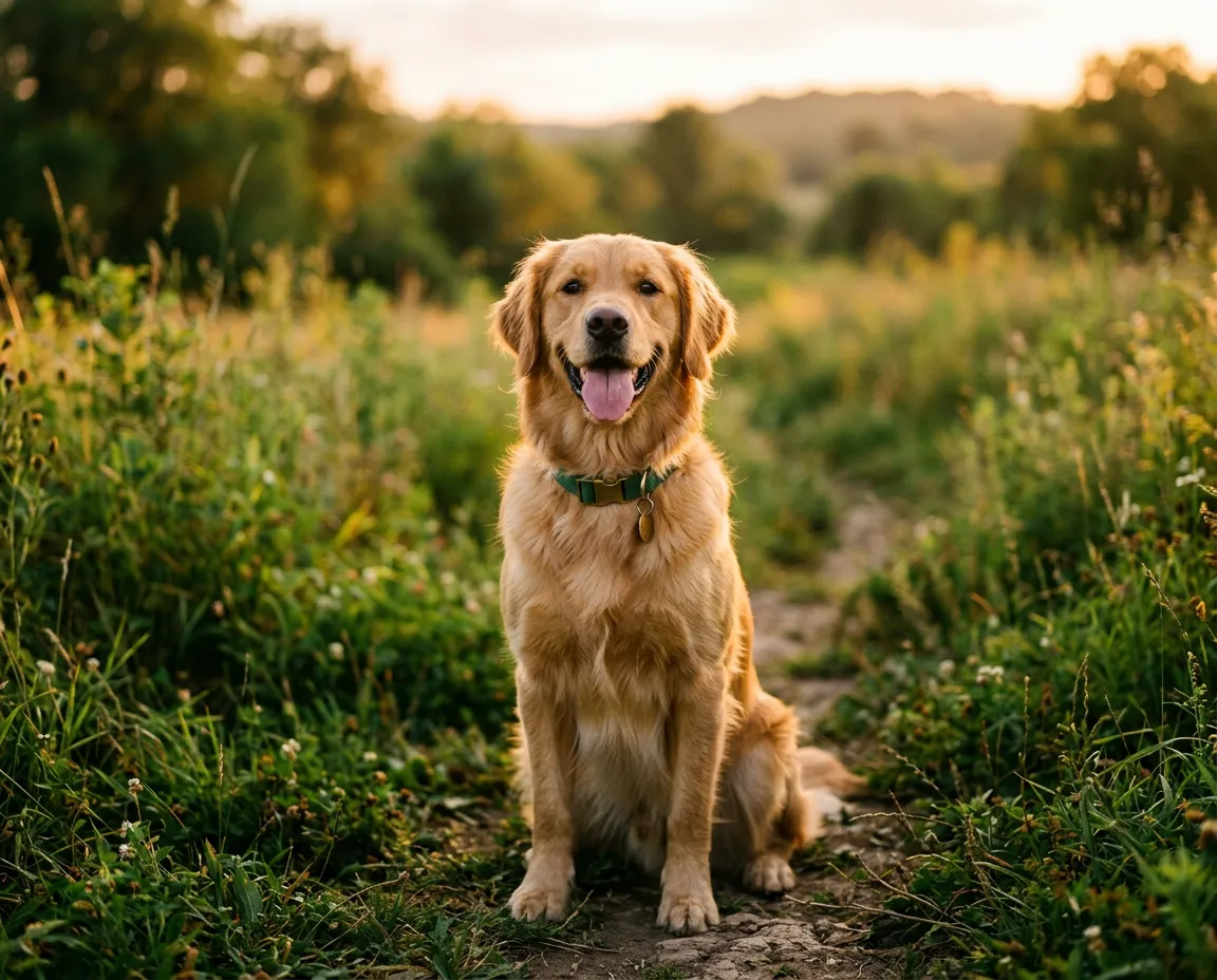 Joyful golden retriever smiling warmly in an outdoor sunlit meadow