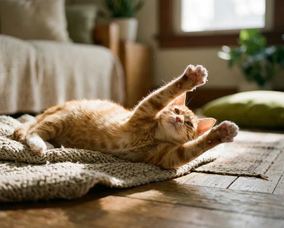Cozy ginger tabby cat stretching playfully in a warm patch of sunlight