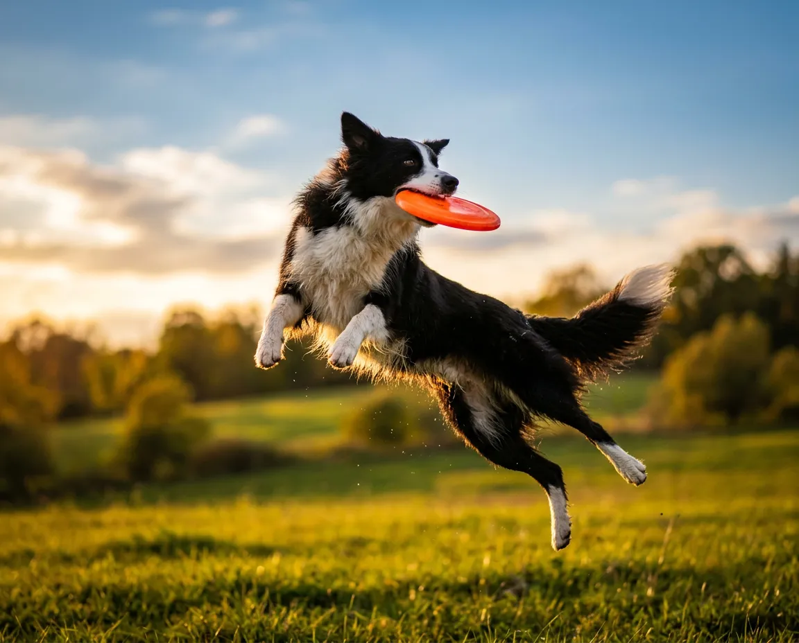 Playful border collie catching a flying disc mid-air outdoors