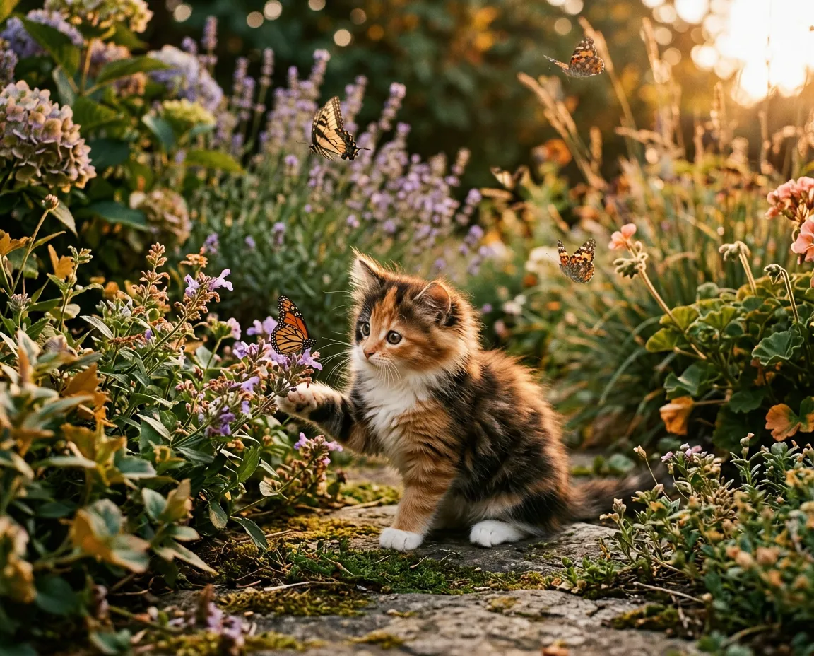 Curious fluffy calico kitten gently investigating garden butterflies