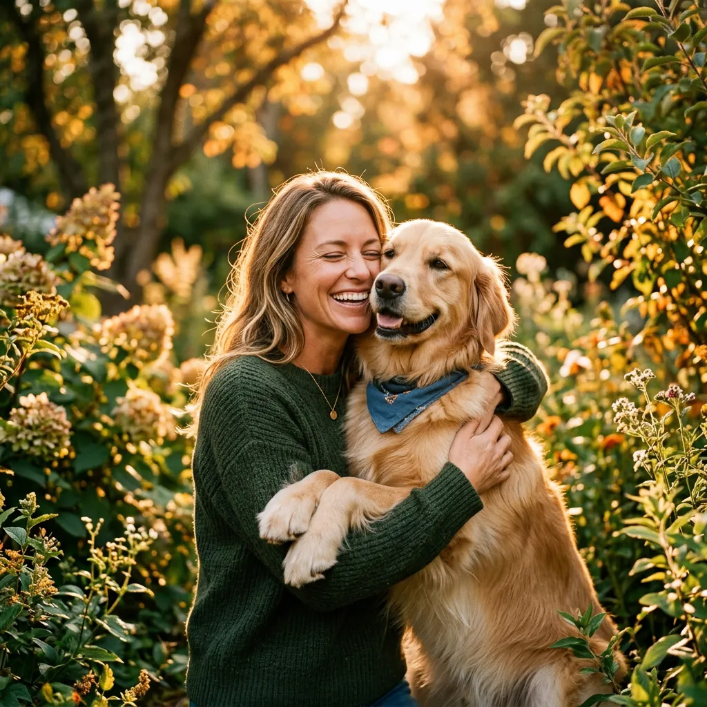 Sandy Richards warmly smiling and hugging her golden retriever in a sunlit garden