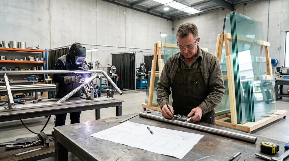 Custom design and precision fabrication of stainless steel and architectural glass balustrades and handrails in a workshop
