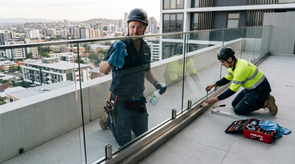 Seamless installation and final polish of a frameless glass balustrade with stainless steel hardware