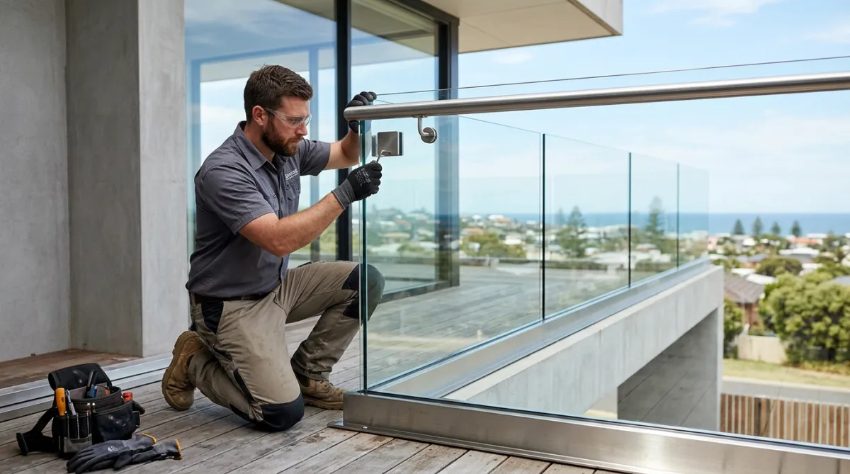 Installer fitting a frameless glass balcony balustrade with stainless steel handrail