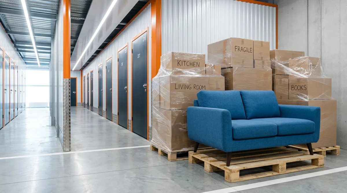 Interior view of a storage facility with a blue sofa and moving boxes wrapped in plastic.