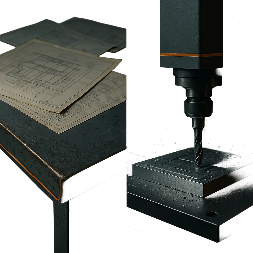 Early blueprint drafts overlaid on a modern fabrication floor