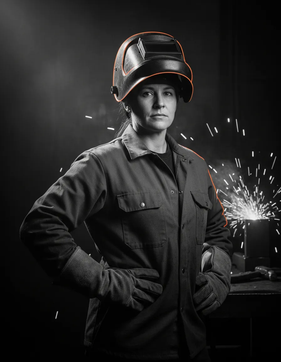 Sarah Jenkins, Master Welder in black and white workshop setting