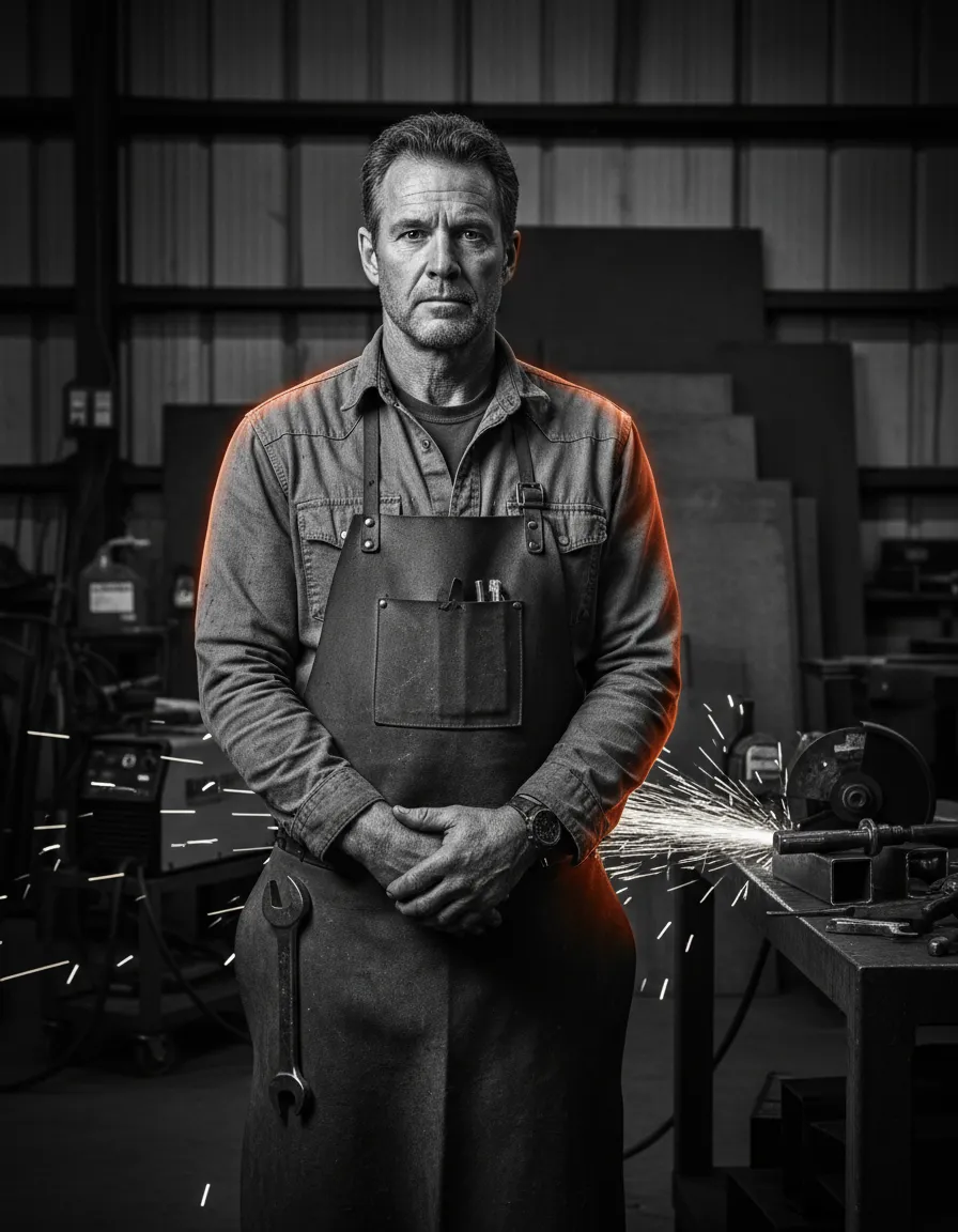 Marcus Vance, Lead Fabricator in black and white workshop setting