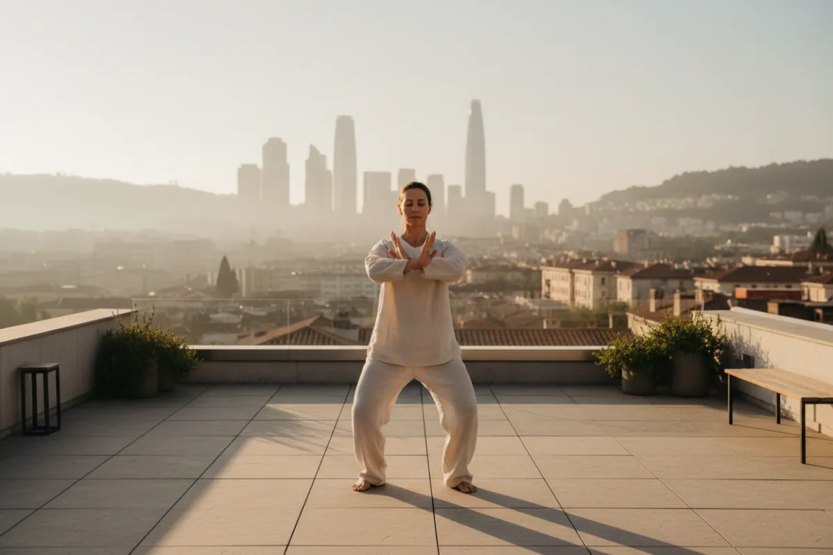 Photorealistic full-body photo of a woman practicing a common Qigong posture on her patio in natural morning light, warm neutral tones, medium framing showing patio details and a visible city skyline in the background.