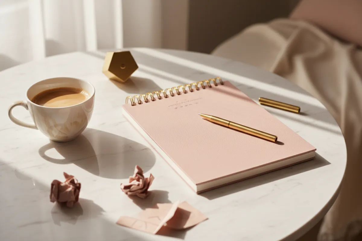 Elegant notepad and gold pen on a marble table, with a cup of coffee and soft sunlight, symbolizing learning and transformation in a premium, feminine setting.