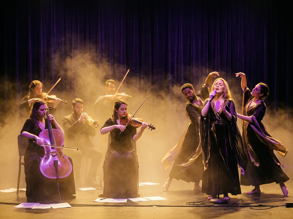 Ensemble performance bathed in divine golden light and mist