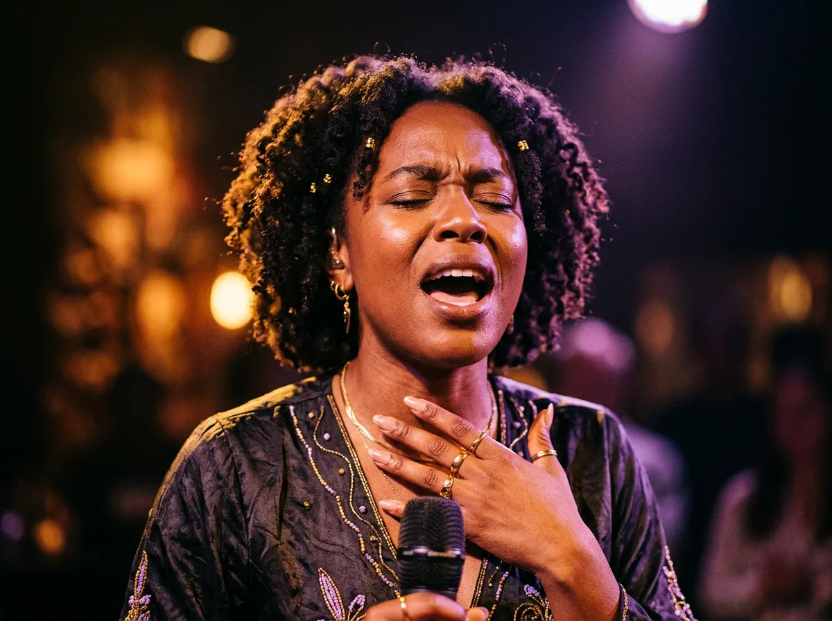 Close-up of expressive vocalist bathed in amber and amethyst stage light